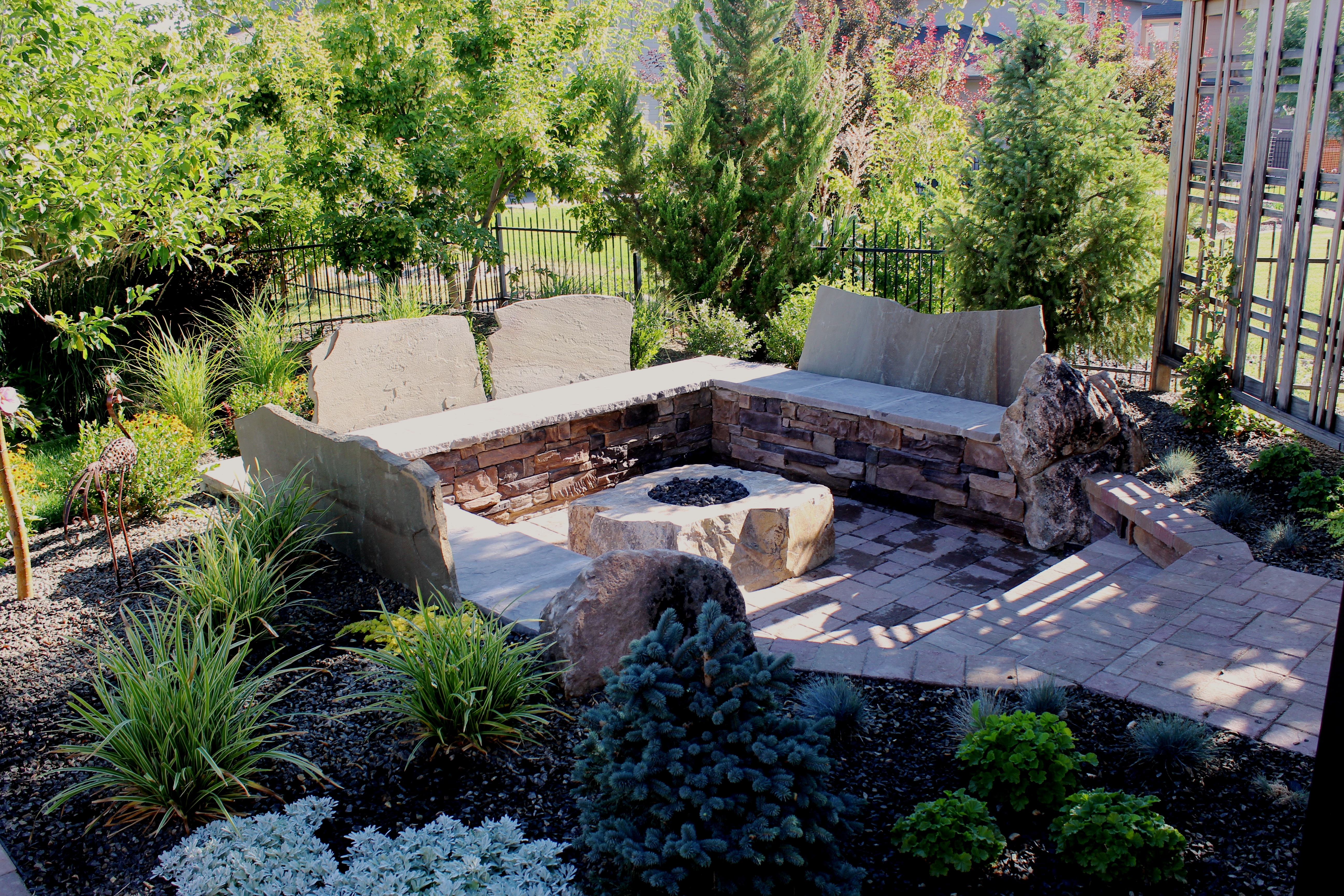 Sunken Firepit with Stone Benches | The Garden Artist Boise, ID